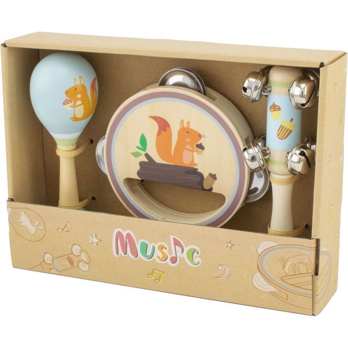 Set musical - ULYSSE - Écureuil - 3 instruments en bois - Pour enfants de 12 mois à 6 ans - Beige