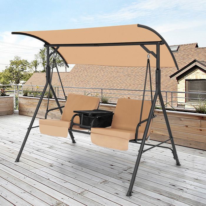 Columpio de jardín DREAMADE para 2 personas con bandeja, bolsa isotérmica de 23 litros, portavasos y 2 cojines para el asiento.