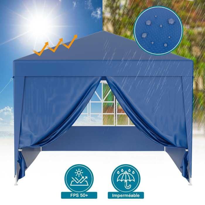 Pabellón Wiltec de 3 x 3 m en azul con protección UV 50+, cenador de jardín con laterales desmontables, carpa para fiestas con ventanas para