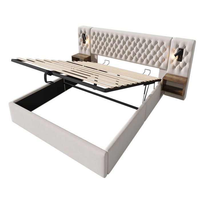 Conjunto de quarto - Veludo bege - Cama de casal 160x200 cm - Armário hidráulico - USB