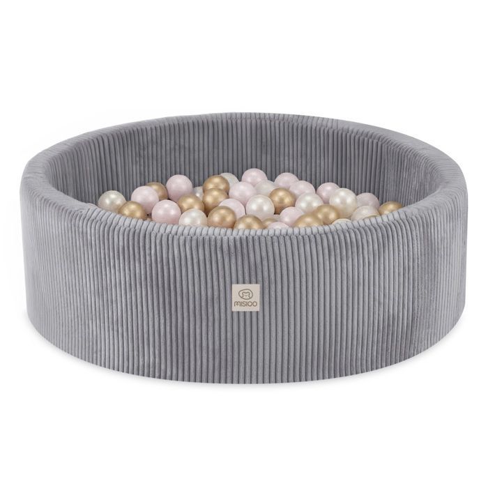 MISIOO Ronde Corduroy Ballenbak voor Baby- en Kinderkamer, Grijs, 90x30 cm, 200 Ballen: Roze/Goud/Parelwit