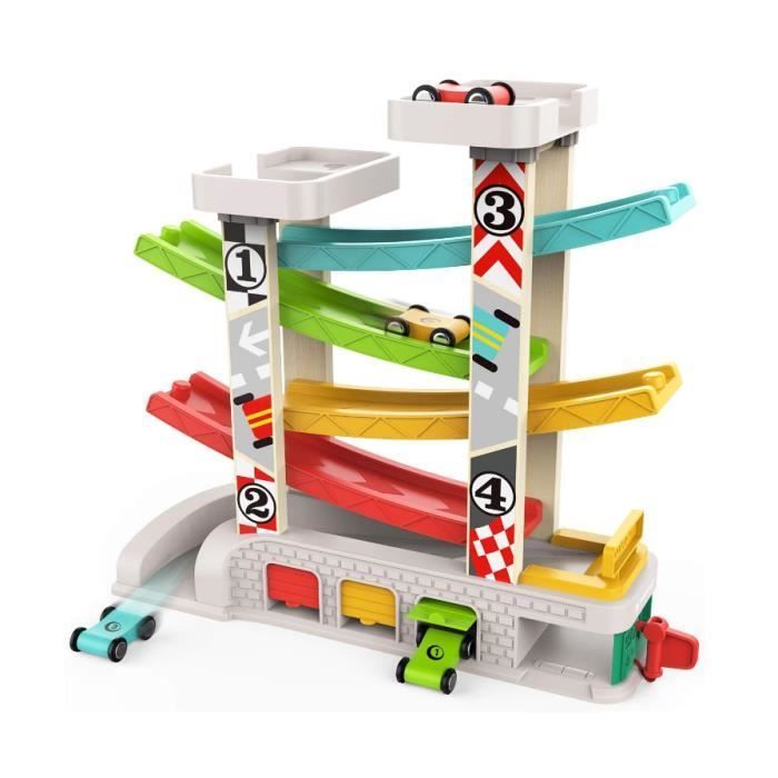 Jouet Garage Voiture - Rampe de Course en Bois - 4 Voitures - Cadeau Educatif - Pour Enfant 1-2 Ans