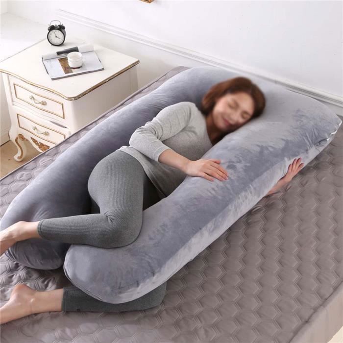 Coussin de Grossesse en Forme de U,Coussin Allaitement de Maternité Ergonomique,Soutient Tout Le Corps,Velours-Gris,130x70cm Label