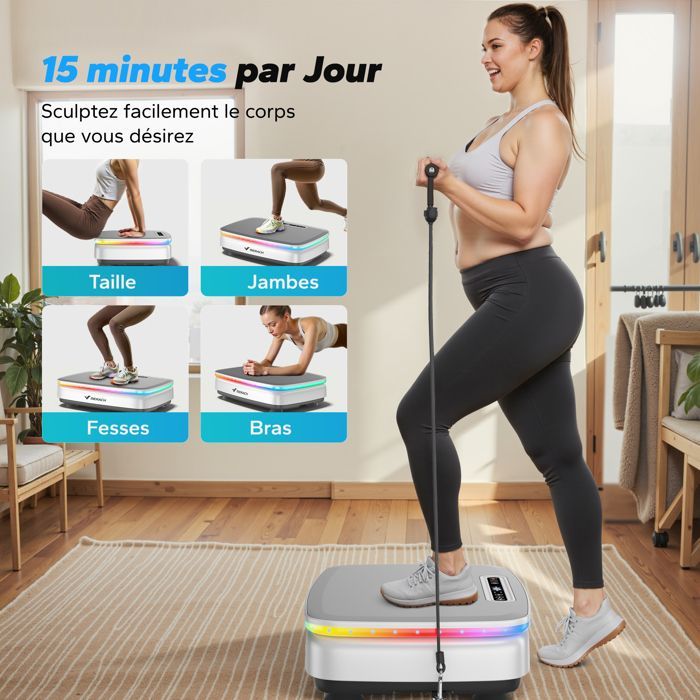 Plateforme Vibrante motorisée MERACH, 9 programmes, 99 Vitesses, Antidérapant, Écran LED, Télécommande, Bluetooth, 150kg Max, Blanc