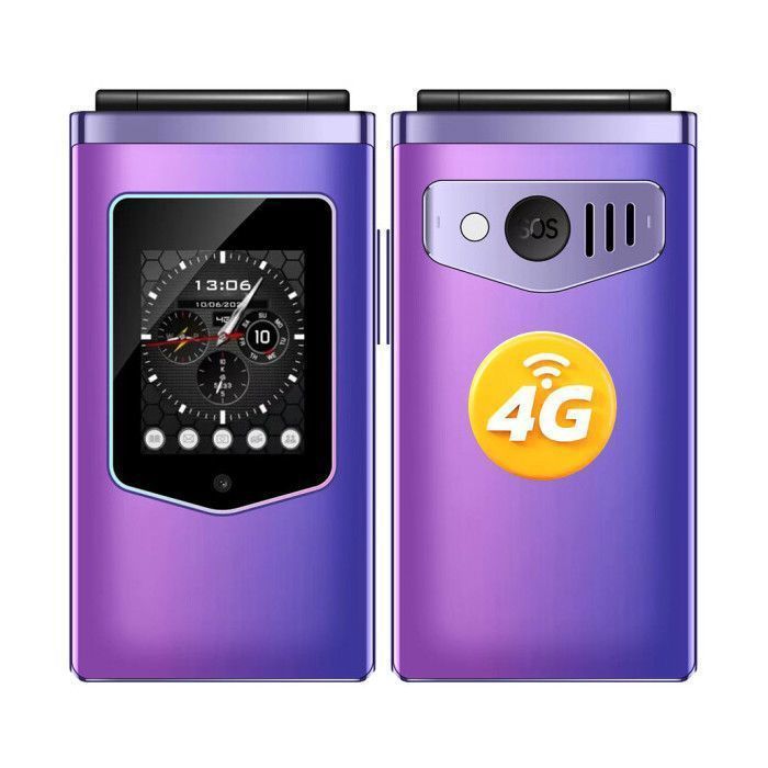 HAMTOD T8 Téléphone Portable Clapet 4G pour Senior, Grandes Touches, Bouton SOS, Écran 2.8”, 1500mAh, prend en charge TF, Violet
