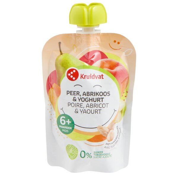 Kruidvat 6+M Organický jogurt marhuľovo-hruškový ovsený džús s ovocím<br>90g