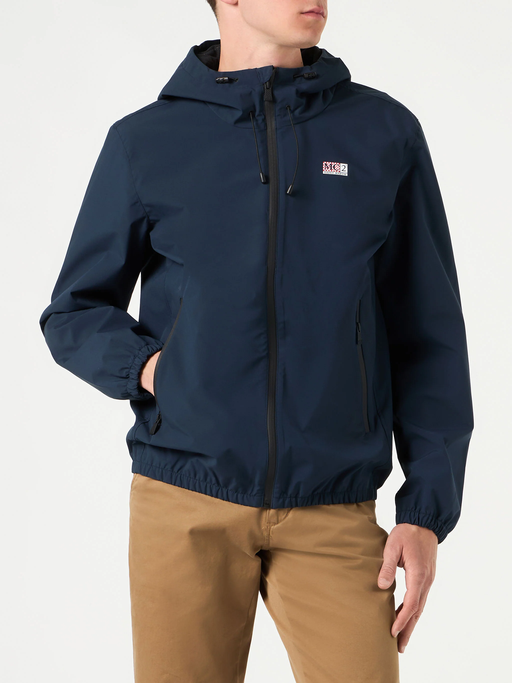 Giacca da uomo a vento leggera blu navy con cappuccio
