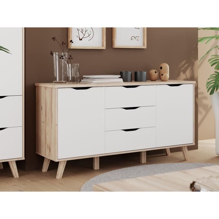 Aparador de 150 cm - VANKKA - Roble / Blanco mate - 2 puertas - 3 cajones