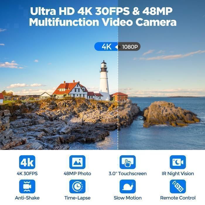 Videocámara 4K de 48 MP, cámara de vídeo para vlogging, pantalla táctil giratoria de 3