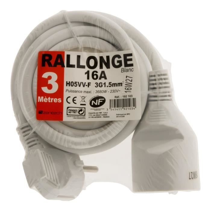 Cable de extensión ZENITECH de 3 m - 3x1,5 mm² - Blanco