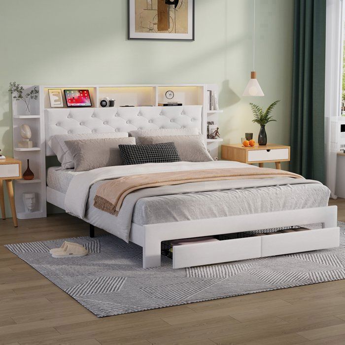 Complete slaapkamerinrichting voor volwassenen, bestaande uit een bedframe van 160x200 cm, een tweepersoonsbed, een opbergbed van 160x200 cm, een LED-bed van 160x200 cm, een USB-poort, opbergruimte, LED-verlichting, 2 lades, fluweel en wit.