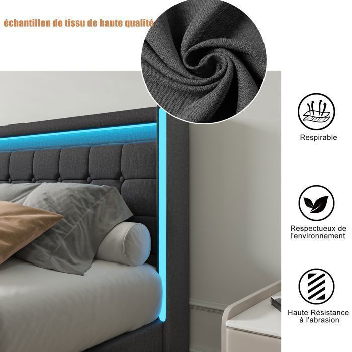 Lit Capitonné - AMBIANCE - 160x200cm - avec 4 Tirors de Rangement - Éclairage LED & Ports de Chargement - Lit Rembourré - Gris