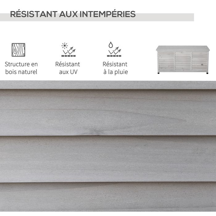 Caja de almacenamiento exterior Outsunny - 283 L - pequeñas aberturas en la parte inferior - 2 cadenas - de madera - 127 x 56 x 60 cm - gris