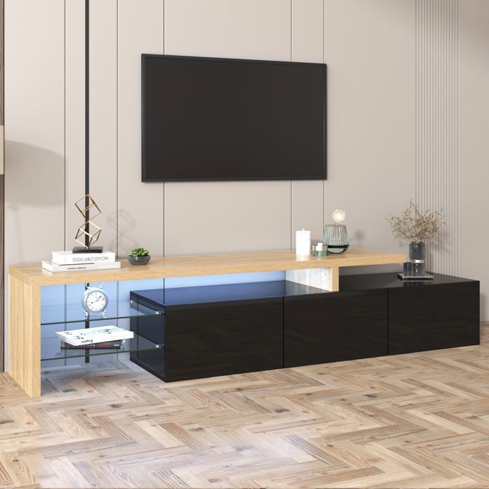 Elegante mueble para TV LED de madera negra con 3 puertas de alto brillo, estantes de cristal, soporte/aparador de diseño moderno para salón, 198x39x42cm