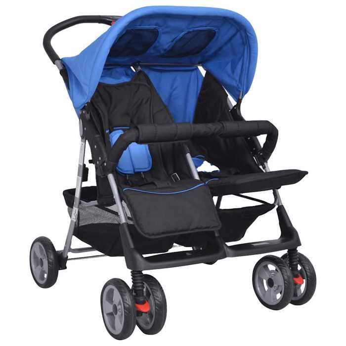 Double stroller - vidaXL - Steel - Blue and black - Adjustable backrest - Lockable wheels