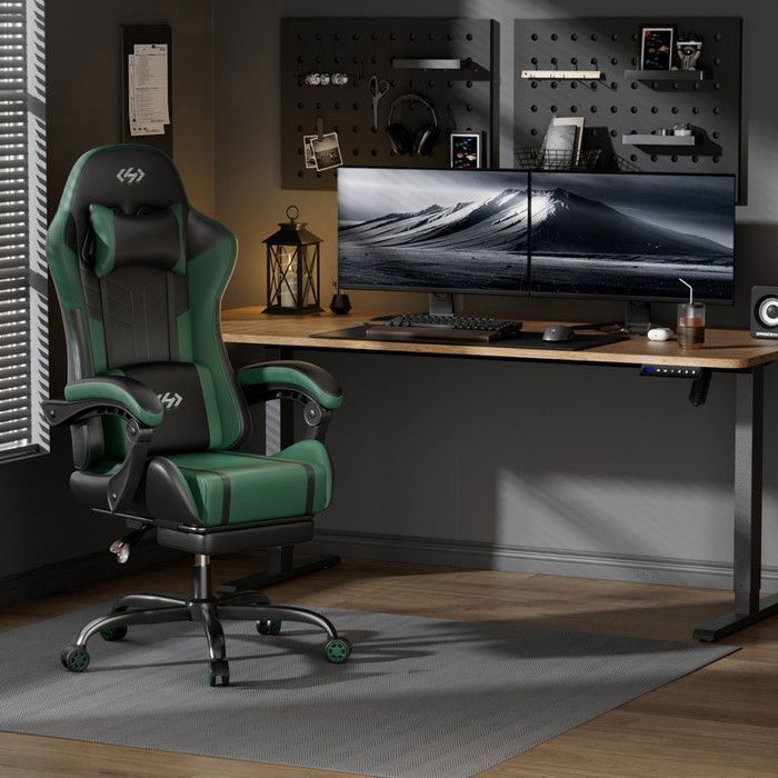 ECOFURNIX Massage-Bürostuhl, verstellbarer Gaming-Stuhl mit Lendenwirbelstütze und Fußstütze, Schwarz und Grün
