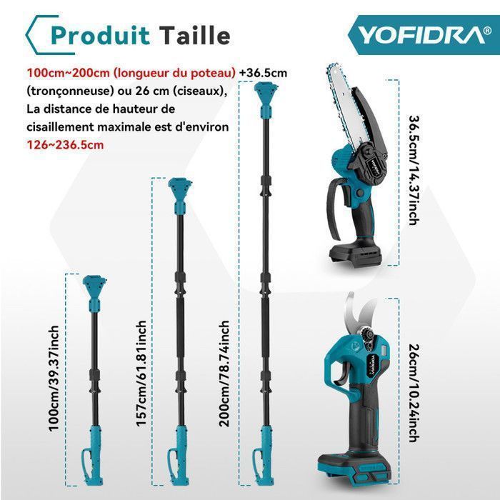 Tronçonneuse élagueuse sur perche - YOFIDRA - Yofidra - Guide 6 pouces (16 cm) - 2x1,5Ah - Perche télescopique 3 positions
