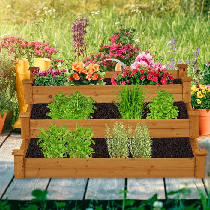 Relaxdays 3-Tier Raised Garden Bed, Stepped Planter, HWD: 46x122x122 cm, Fir, Garden Bed, Terrace, Natural