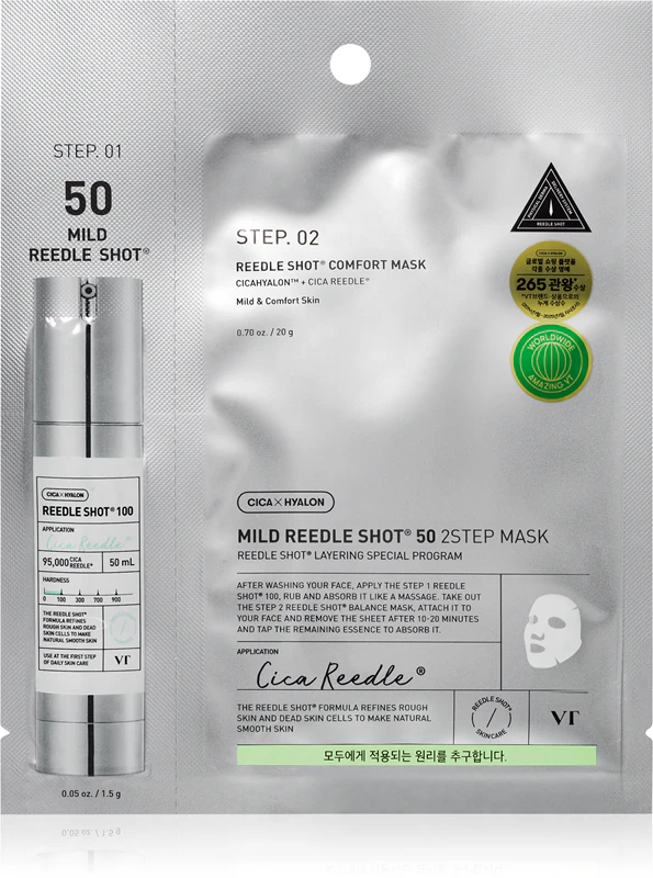 Máscara Reedle Shot 50 de 2 passos da VT Cosmetics: máscara regeneradora intensiva para cuidados com a pele em duas fases.