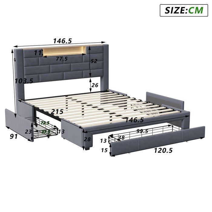 Cama de 140x190 cm - TANANT - Cama para adultos con iluminación LED - 3 cajones - Tapizado en terciopelo gris - Cama doble