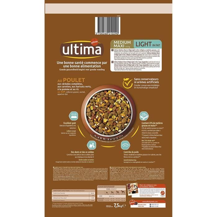 Ultima Croquettes pour Chien Medium-Maxi Light Poulet Riz, 7,5kg[470]