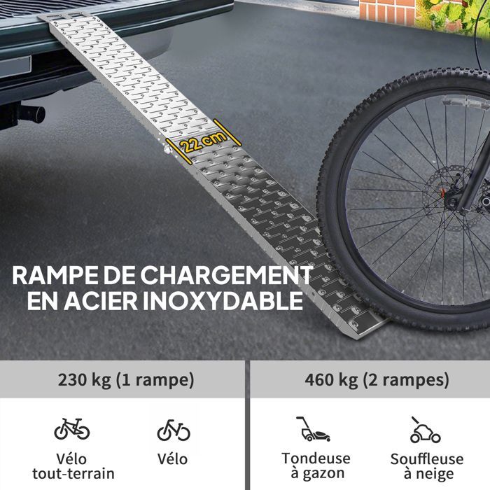 Rampa de carga plegable para motocicletas, capacidad de 230 kg, acero galvanizado, correas de seguridad, 190 × 22 × 8 cm, color plata.