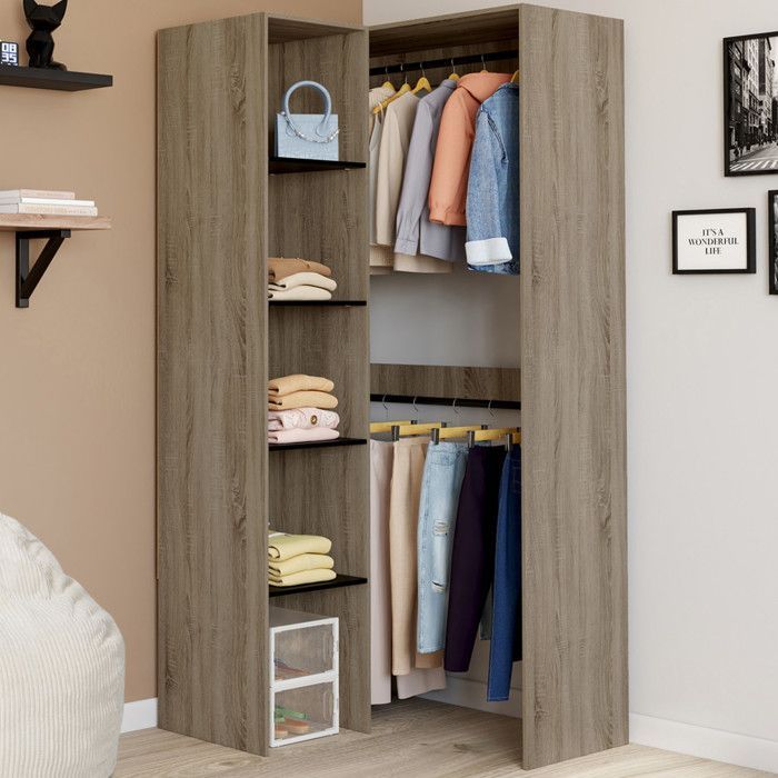 IDMARKET Dressing d'angle modulable L. 90 / 127 cm MELMAN double penderie + étagères bois et noir