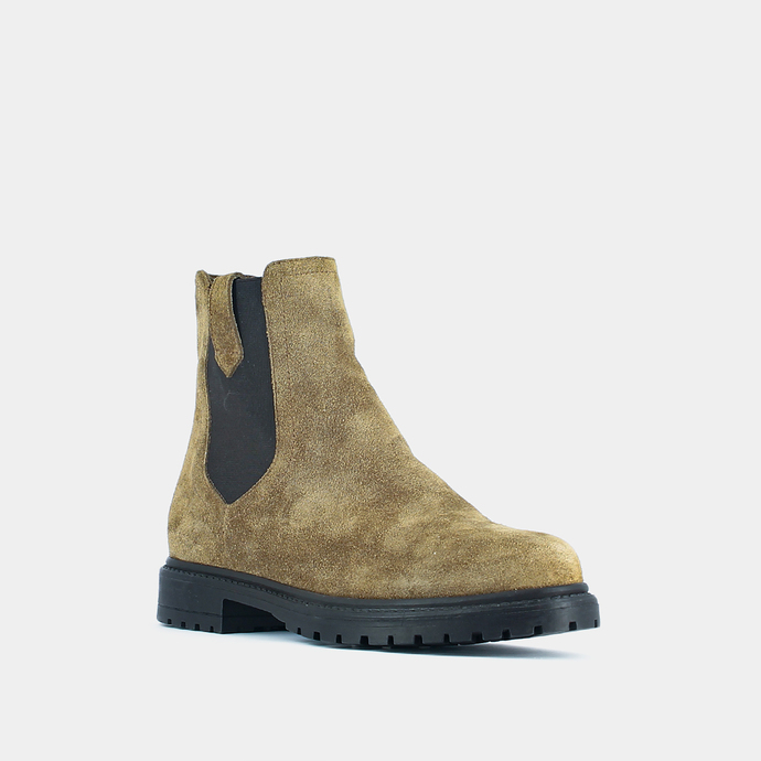 Bottines à semelles crantées et élastiques  en croute taupe
