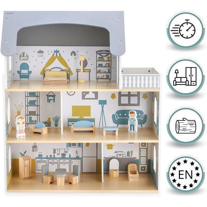 Maison de poupée Mamabrum 3 étages Bois Terrasse et Meubles