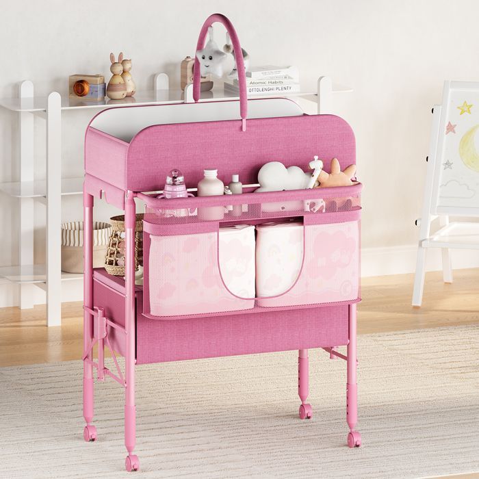 Cambiador portátil con 2 cestas de almacenamiento - Cómoda plegable regulable en altura con ruedas - para bebés - Rosa
