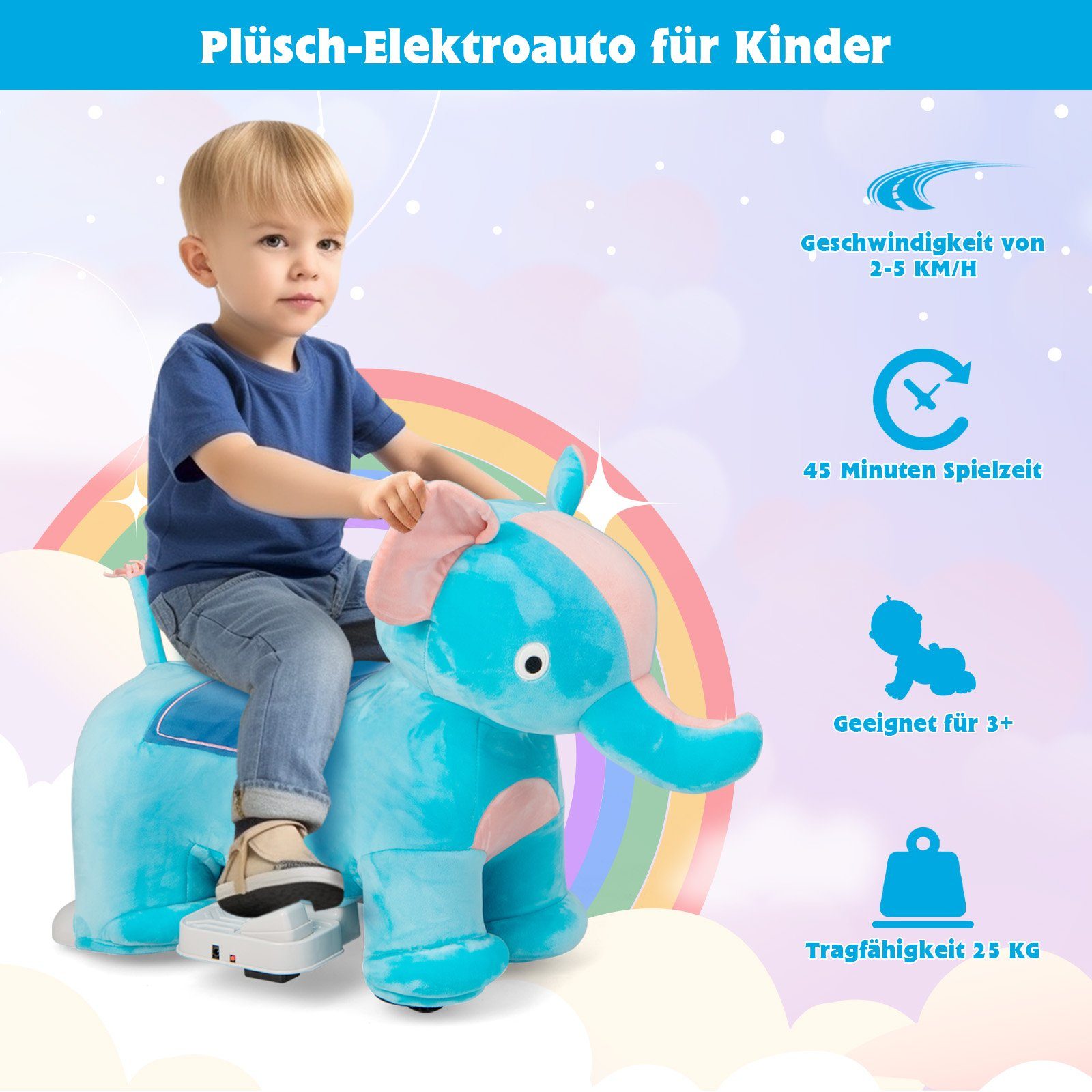 COSTWAY elektrisches Kinderauto 6V Plüschtier Kinderauto, 2-5 km/h