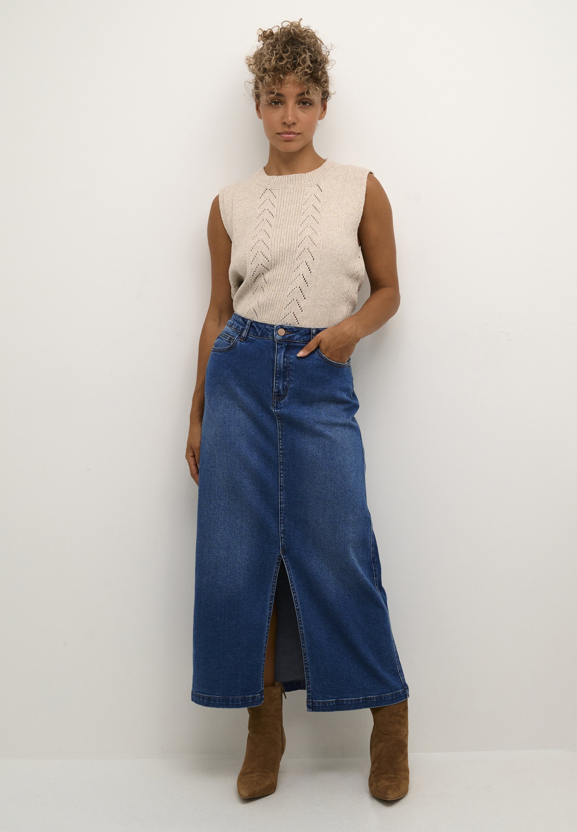 Jupe trapèze crème EBBA - denim bleu moyen Reno