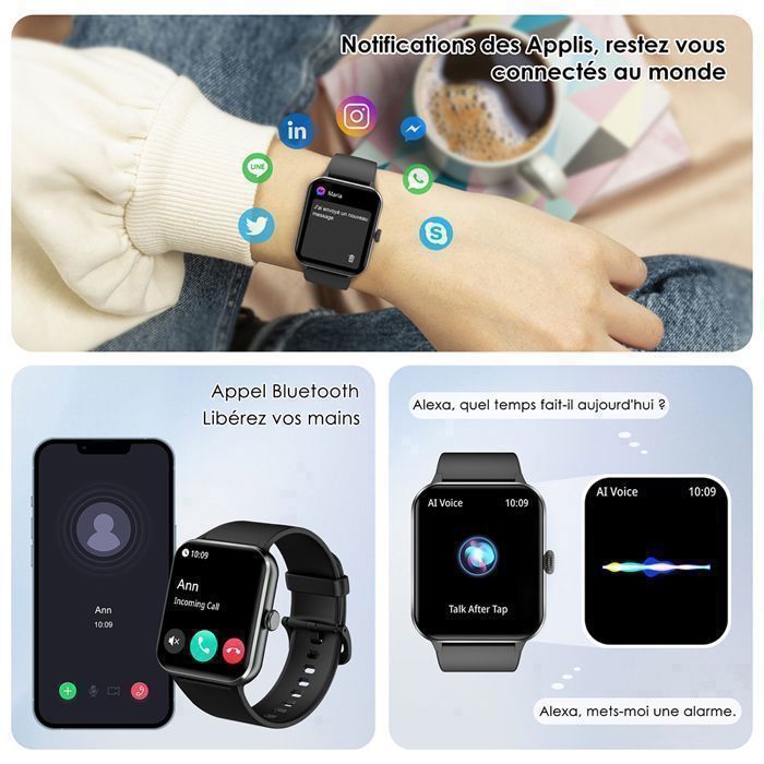 Reloj inteligente Blackview para hombre y mujer, salud y deportes, llamadas Bluetooth, monitorización de frecuencia cardíaca y sueño, resistencia al agua IP68, podómetro, 2 correas.