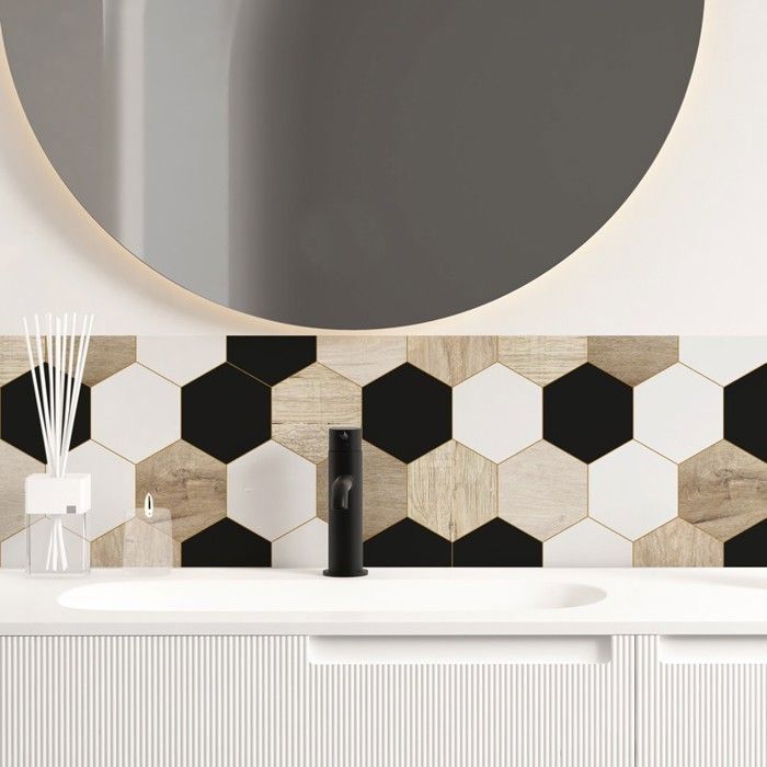 Crédence pour salle de bain en PVC style bois carreaux de ciment beige et noir 140x30 cm (en 2 bandeaux) - 99 Déco
