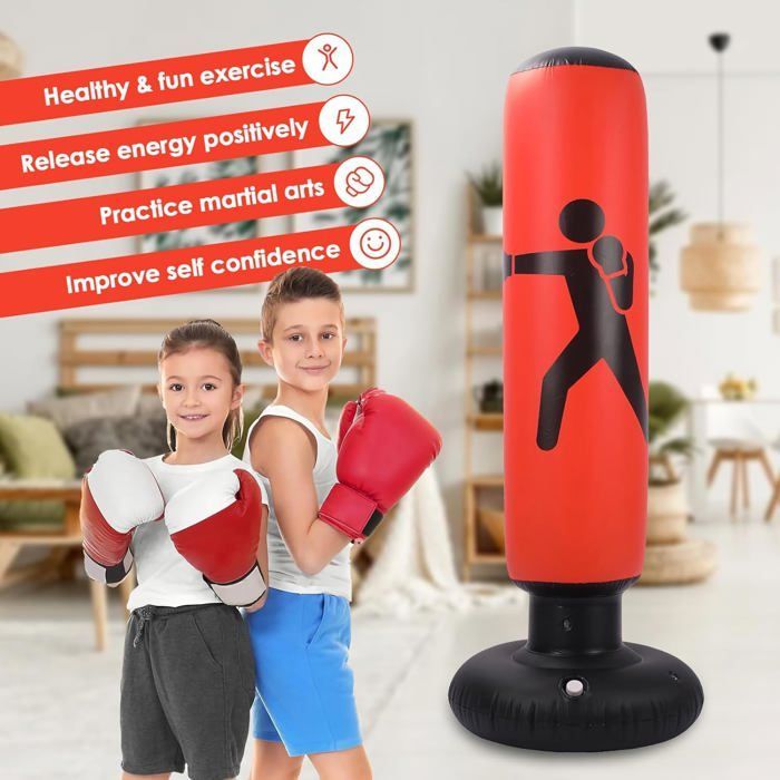 Saco de boxeo infantil, saco de boxeo inflable de 160 cm para niños, con bomba de aire y guantes de boxeo para kárate y kickboxing.