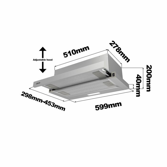 CIARRA Retractable Drawer Cooker Hood - 60cm - 370 m³/h - Energy Class A++ - with 2 Carbon Filters - LED Lighting - Stainless Steel
