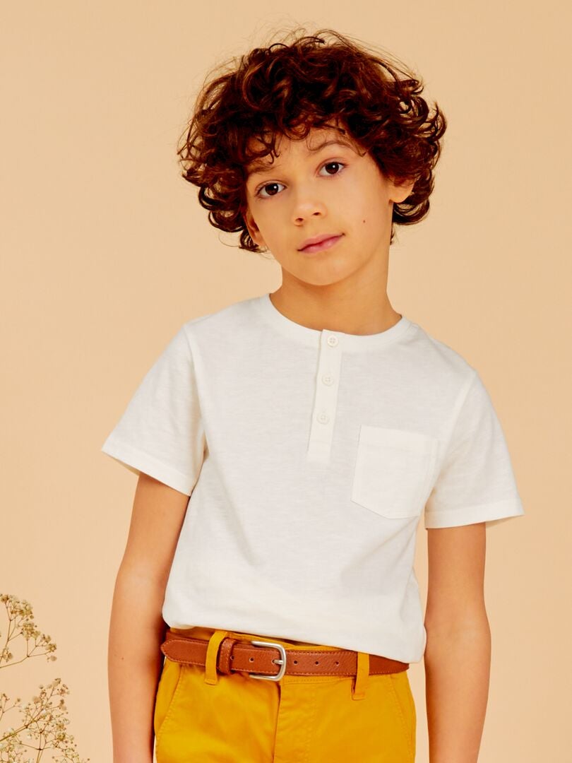 Jersey T-shirt met knoopsluiting in de nek - WIT