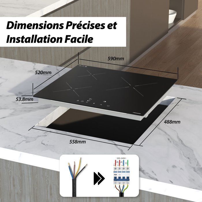 Plaque Induction FIREGAS 60 cm – 3 Foyers, 7400 W, Chauffage Rapide, Design Moderne, Haute Performance