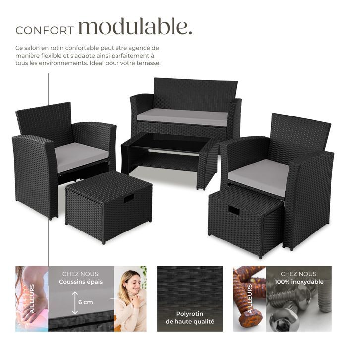 Garden furniture - TECTAKE - MODENE outdoor lounge set for 4 to 6 people with table and removable covers - Black/Grey