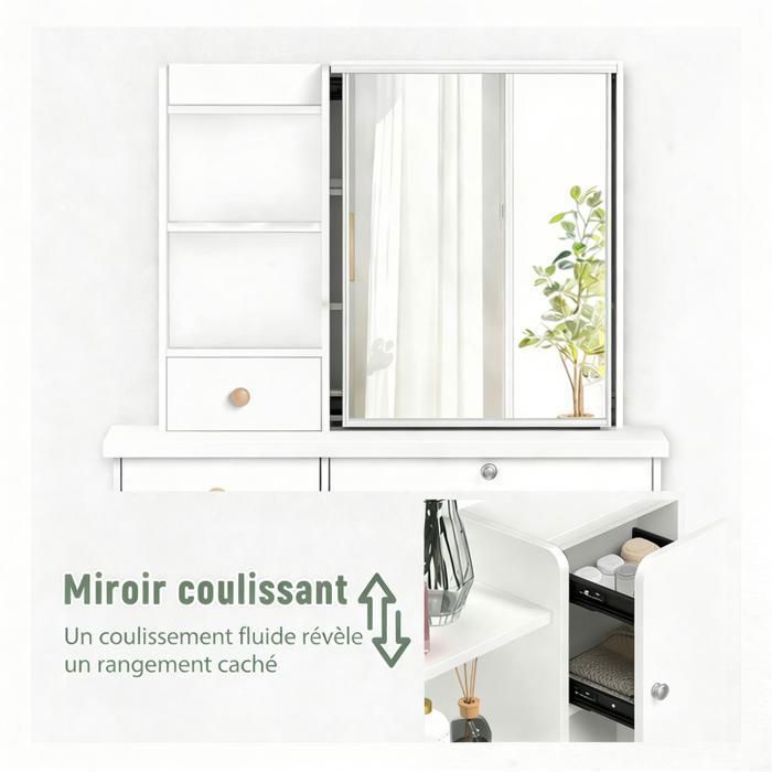 Coiffeuse avec Miroir coulissant - FIANAO - 6 Tiroirs Spacieux et Étagères Ouvertes - Contemporain - Blanc - 80x40x135cm