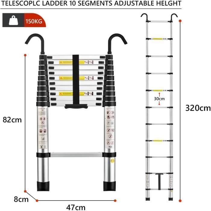 Escalera telescópica - STANOW - 3,2 m - Aluminio - Capacidad de carga 150 kg - Gancho desmontable