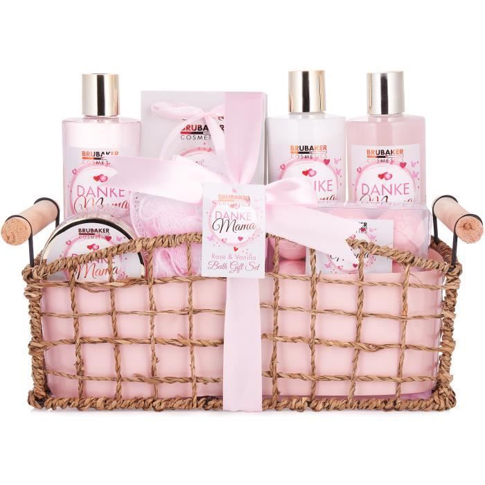 BRUBAKER Cosmetics - Coffret de bain & douche - Merci Maman - Roses Vanille - 13 Pièces - Panier décorative