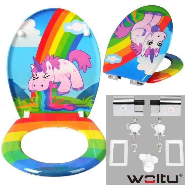 Asiento de inodoro WOLTU Duroplase con bisagras, tapa de cierre suave, antibacteriano, 45,5 x 37,1 cm Unicornio