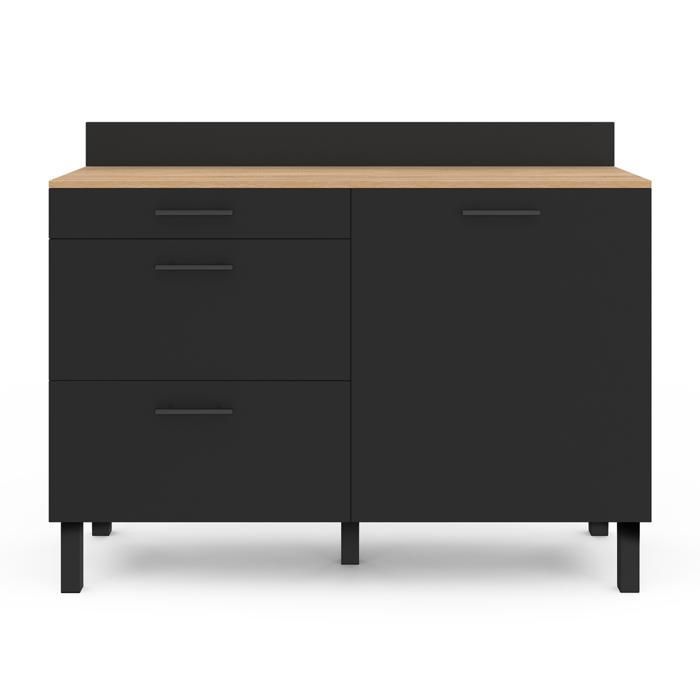 IDMARKET Buffet bas casserolier de cuisine 120 CM CINA plan de travail H.83 cm 1 porte + 3 tiroirs façon hêtre et noir