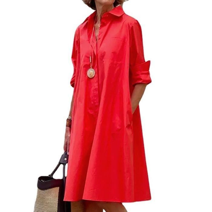 Robe pour femmes chemise Simple décontractée de couleur unie à manches longues col rabattu poche élégante Rouge