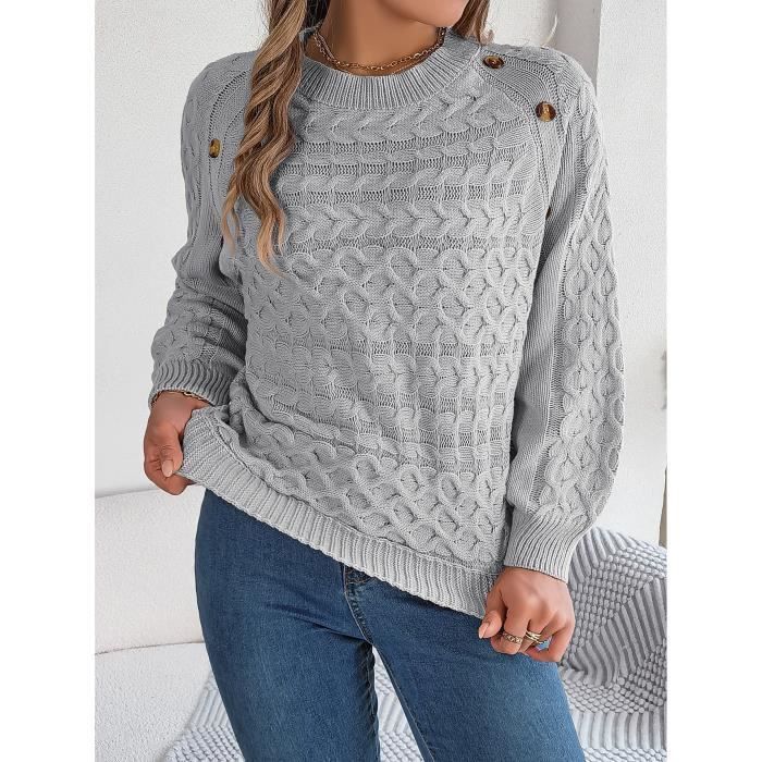 Pull Femme En Tricot Automne Hiver Manches Longues Casual Pullover Hauts Lâche Col Rond Couleur Unie Confortable - Gris