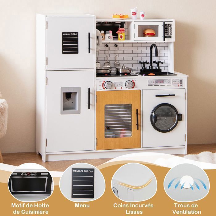 Cocina infantil COSTWAY - A partir de 3 años - Sonidos y luces - Accesorios incluidos - Espacio de almacenamiento - Centro de juegos multiusos - 82 x 25 x 80,5 cm