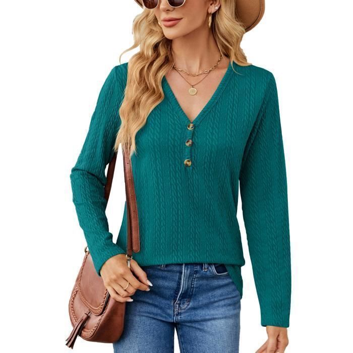 Pull Femme Manches Longues Col V Avec Boutons Pullover Lâche Tops Couleur Unie Pour Printemps Et Automne - Taille EU - Vert
