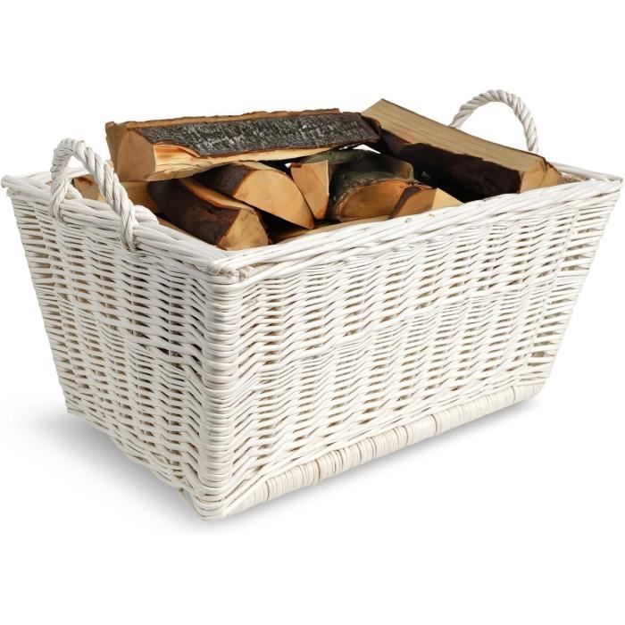 Panier à Bûches - Creative Home - 47 x 33 x 30 cm - Tissé à la Main - Intérieur en Jute - Blanc
