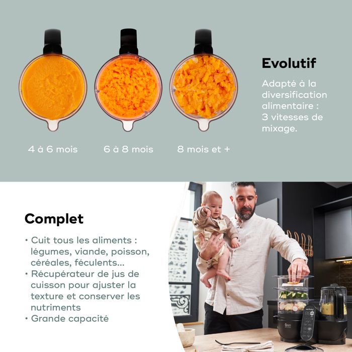 Robot da cucina Babymoov Nutribaby(+) XL - Grande capacità 2,9 litri - Fino a 14 pasti in 1 ciclo - 6 in 1 - 2 cestelli per la cottura a vapore, nero